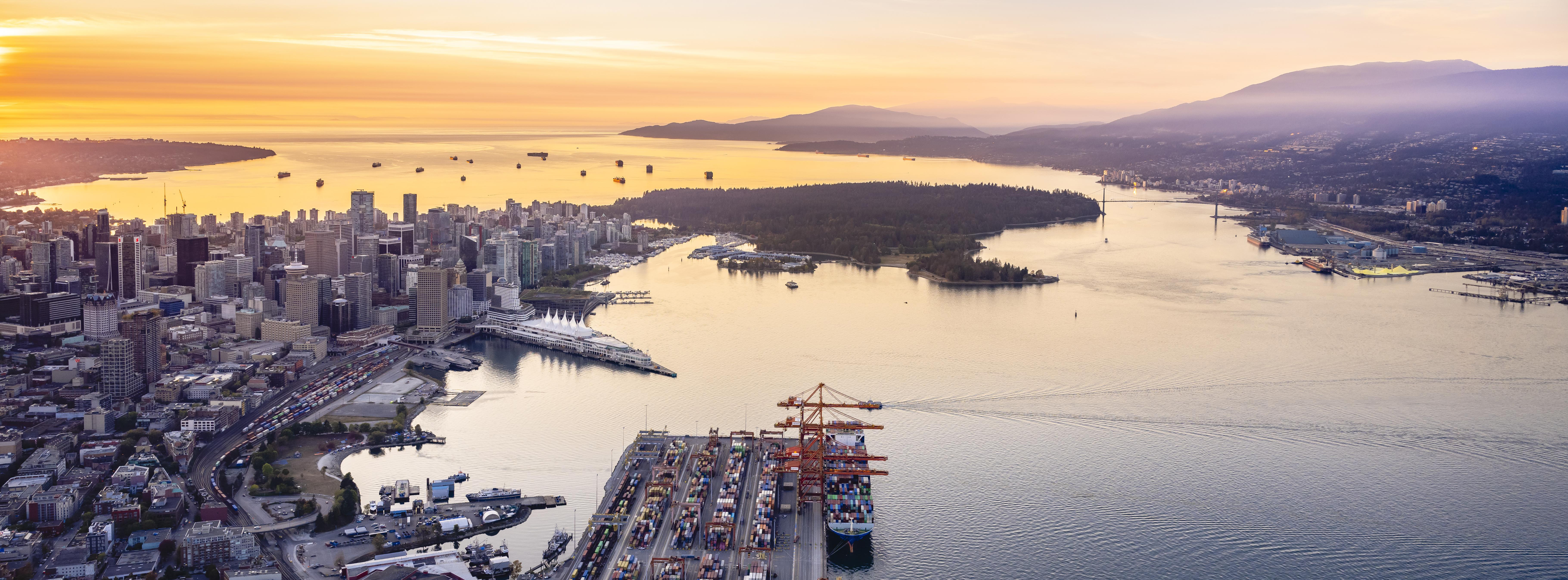 Aerial view of port terminals and Vancouver harbour